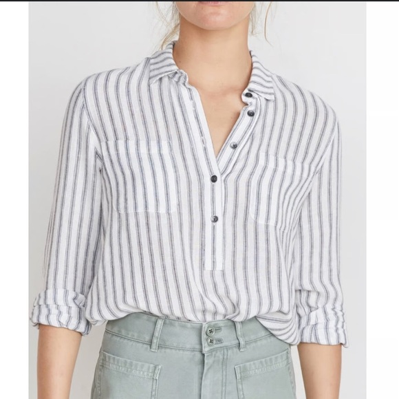 Marine Layer Carrie Linen Popover Striped Button-Up Long Sleeve Shirt Size Small - Picture 2 of 7